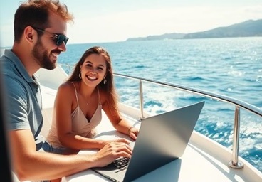 mensen op een boot achter een laptop