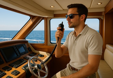 iemand op een boot met een marifoon